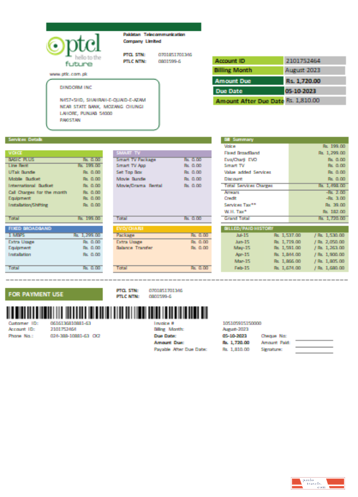 PTCL utility business bill,  SCR PSD template